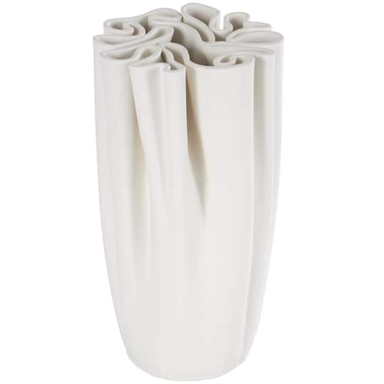 White Ceramic Abstract Ribbed Dimensional Folded Vase with Compact Wavy Rim